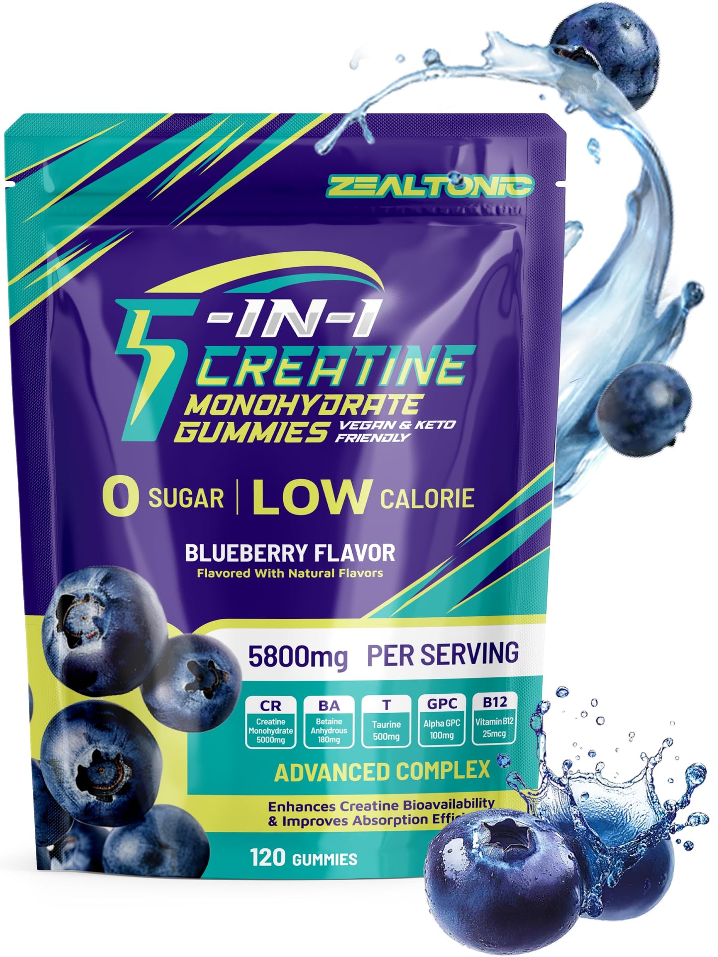 Zealtonic Creatine Monohydrate Gummies 5800mg with Betaine & Alpha GPC | 0 Sugar | 120 Blueberry