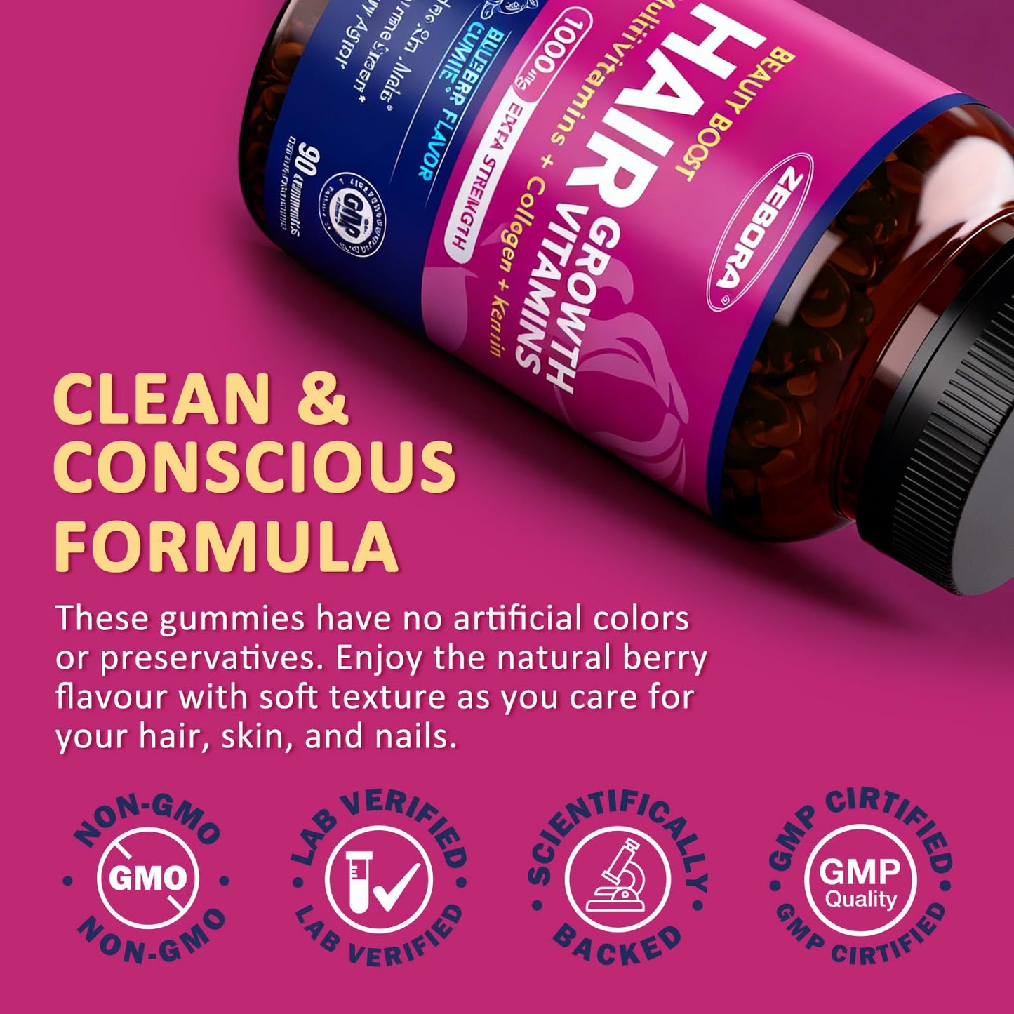 ZEBORA Biotin Gummies for Hair, Skin & Nails | Biotin, Zinc & Vitamins โ 90 Blueberry Gummies