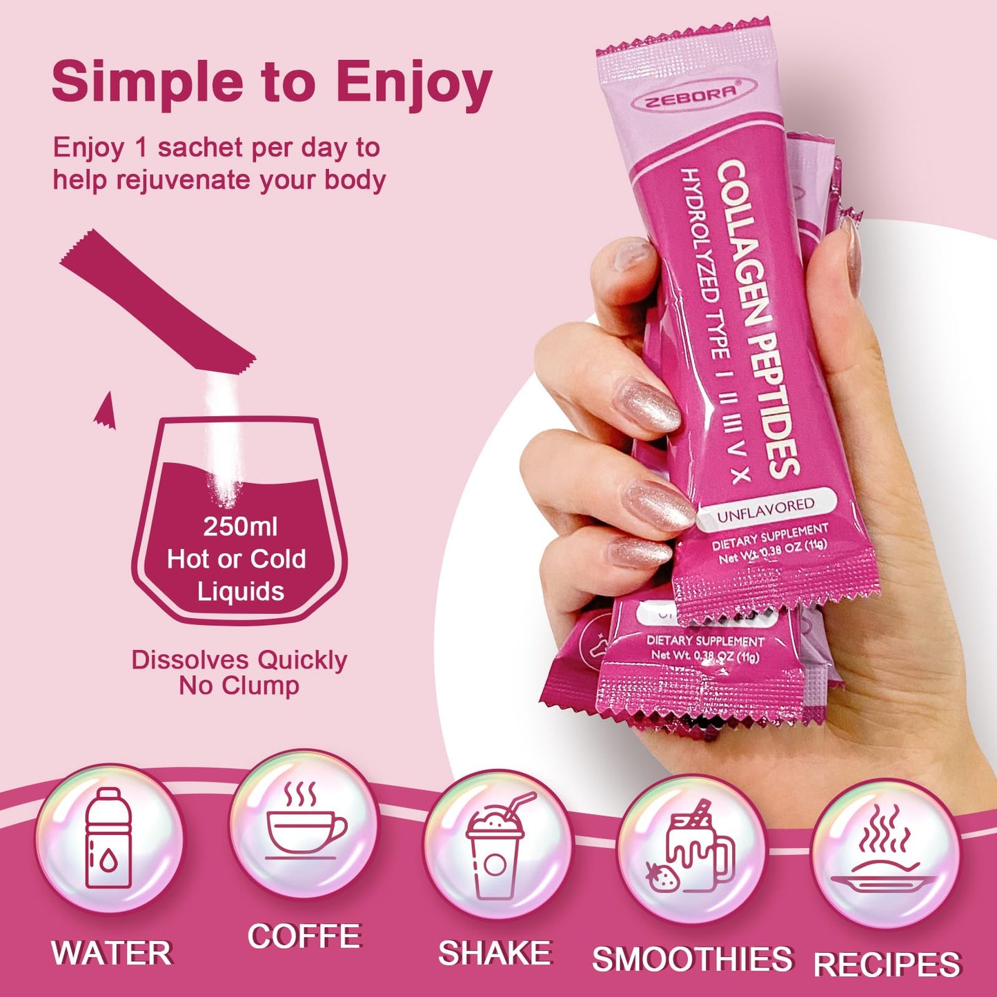 ZEBORA Multi Collagen Peptides Packets with Hyaluronic Acid, Biotin, MCT โ 30 Stick Packs
