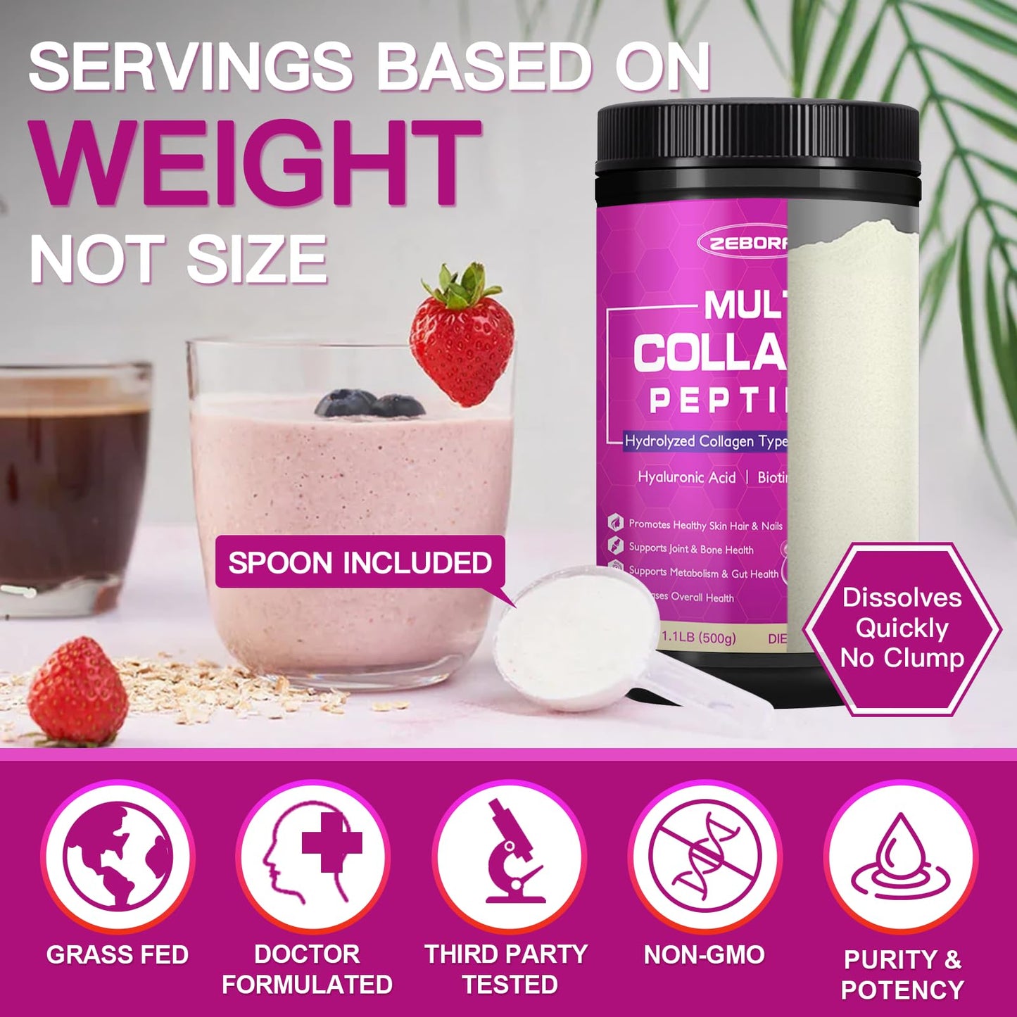 ZEBORA Multi Collagen Peptides Powder 50 Servings โ Hydrolyzed Collagen Types I, II, III, V & X with Hyaluronic Acid, Biotin & Vitamin C