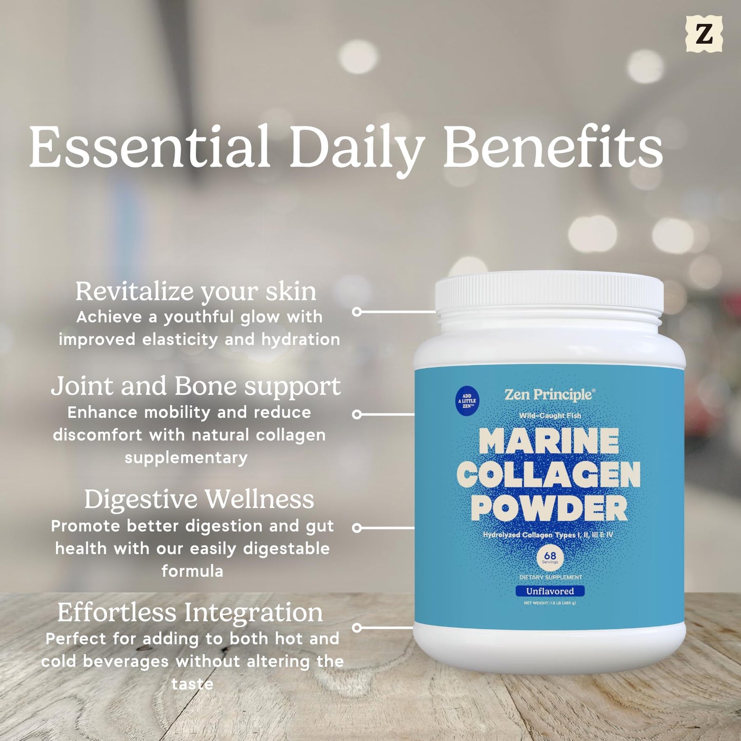 Zen Principle Marine Collagen Peptides Powder โ 1.5 lb, Wild-Caught, Non-GMO, Hydrolyzed Type I & III