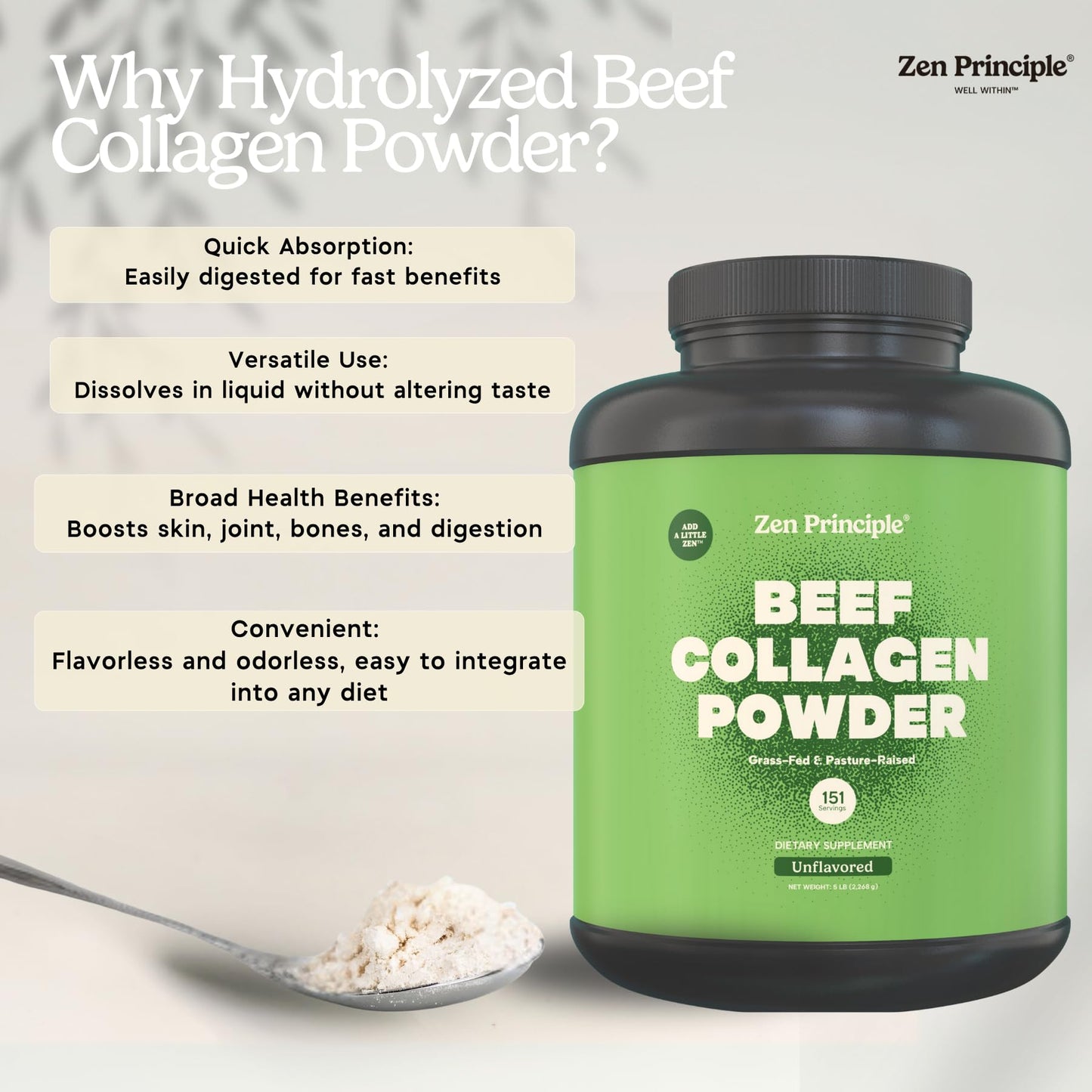 Zen Principle Grass-Fed Collagen Peptides 5 lb β Anti-Aging Protein Powder