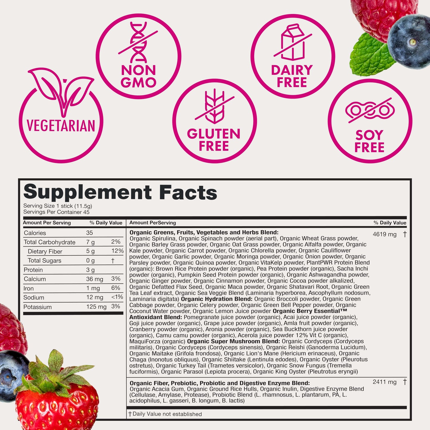 Zena Nutrition Organic Super Greens Powder β 70+ Superfoods, 0 Sugar, 5g Fiber, Mixed Berry, 45 Stick Packets