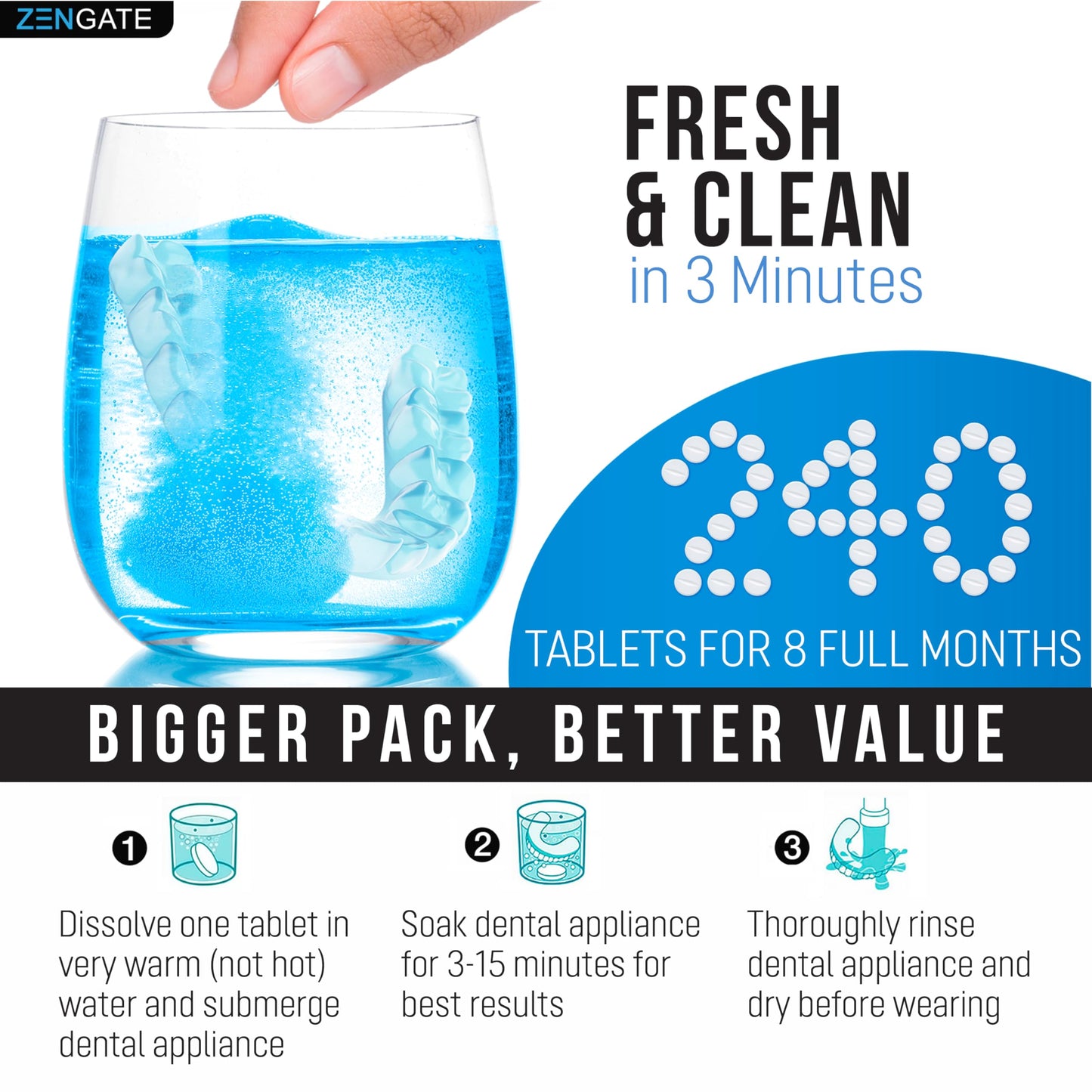 ZENGATE Retainer Cleaner Tablets โ 240 Tabs (2 Packs) | 8 Months Supply