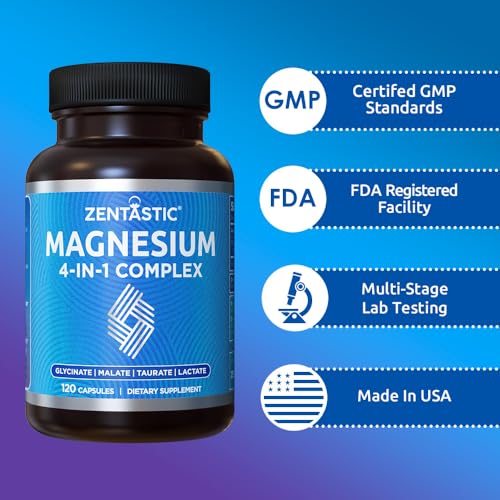 Zentastic Magnesium Complex 4-in-1 | Chelated Magnesium Glycinate, Malate, Taurate & Lactate โ 120 Capsules