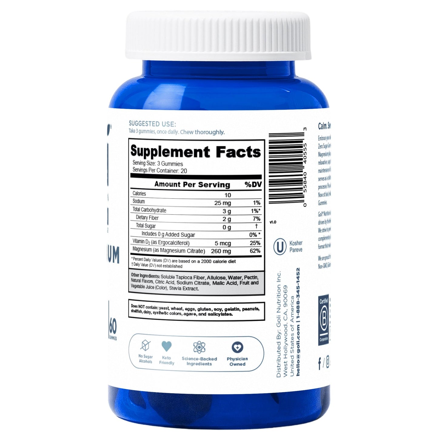 Zero Sugar Goli Magnesium Gummies โ 260 mg Magnesium, Vitamin D | Vegan, Gluten-Free & Non-GMO