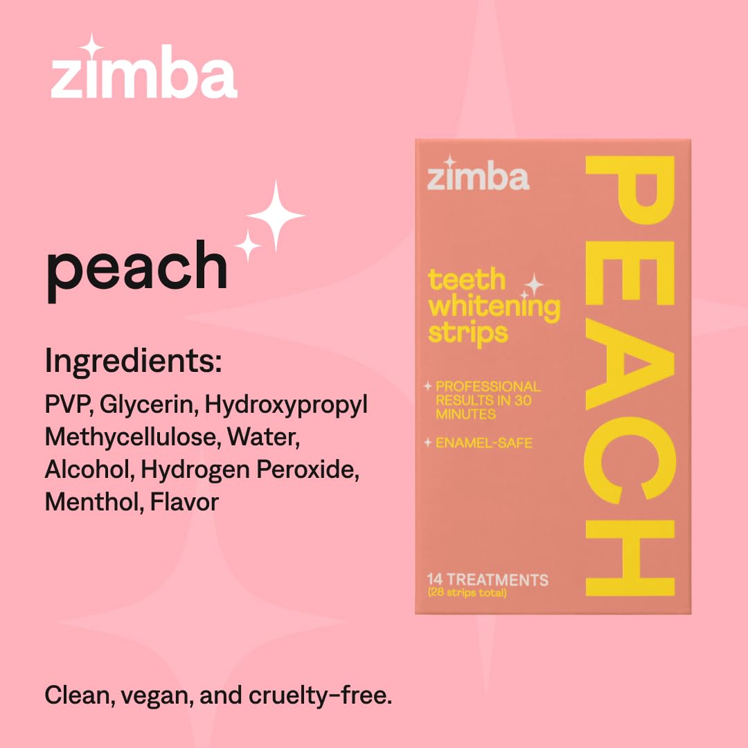 Zimba Peach Teeth Whitening Strips โ Vegan, Enamel Safe, 28 Strips (14 Day Treatment)