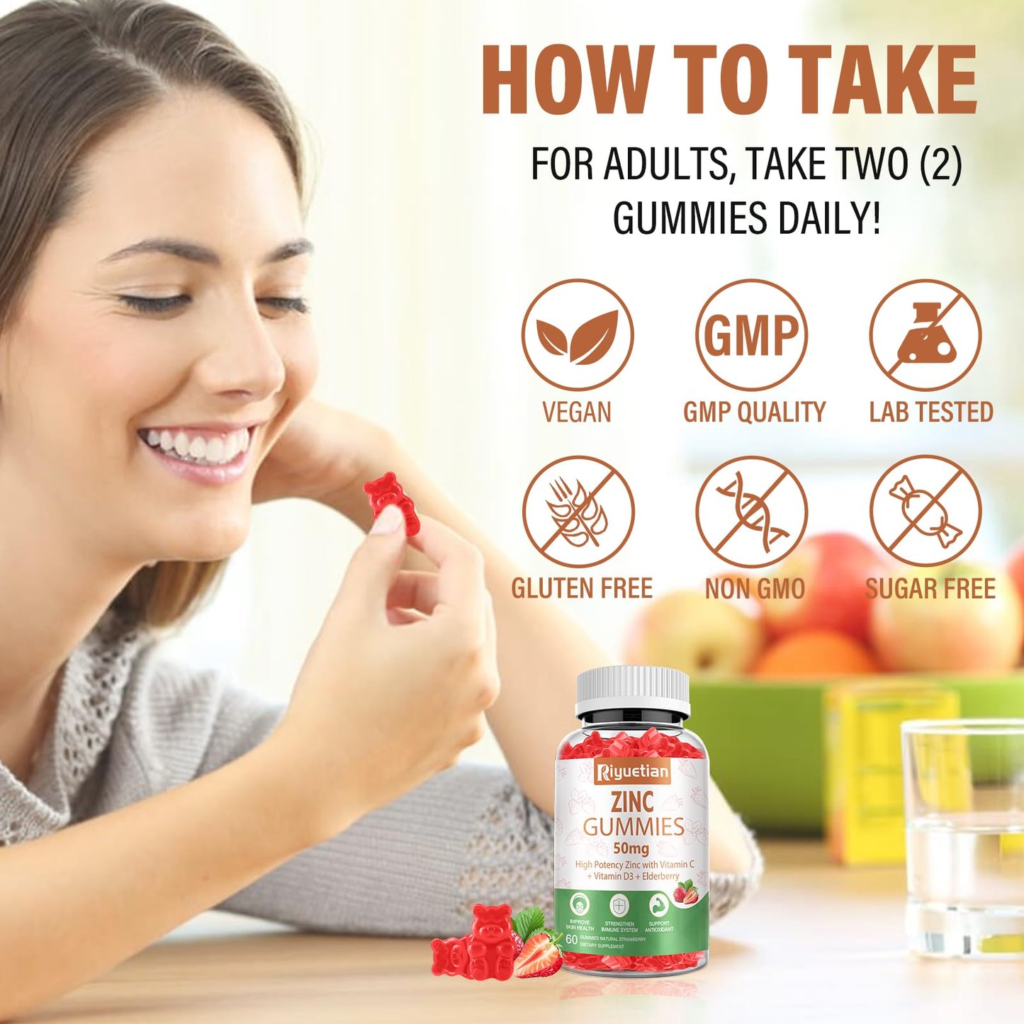 Zinc Gummies 50mg High Potency with Vitamin C, D3 & Elderberry โ Immune Support (Vegan, Non-GMO, Gluten Free) โ 60 Gummies