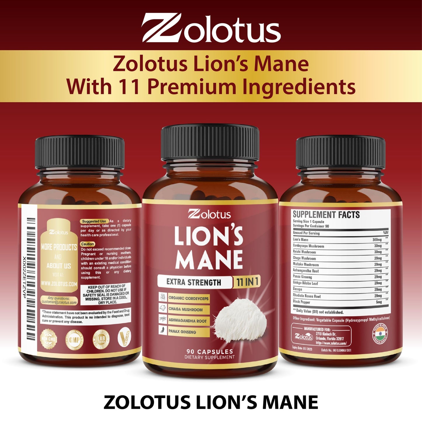 Zolotus 11 in 1 Lion's Mane Capsules โ 3 Month Supply with Cordyceps, Reishi & Ginseng