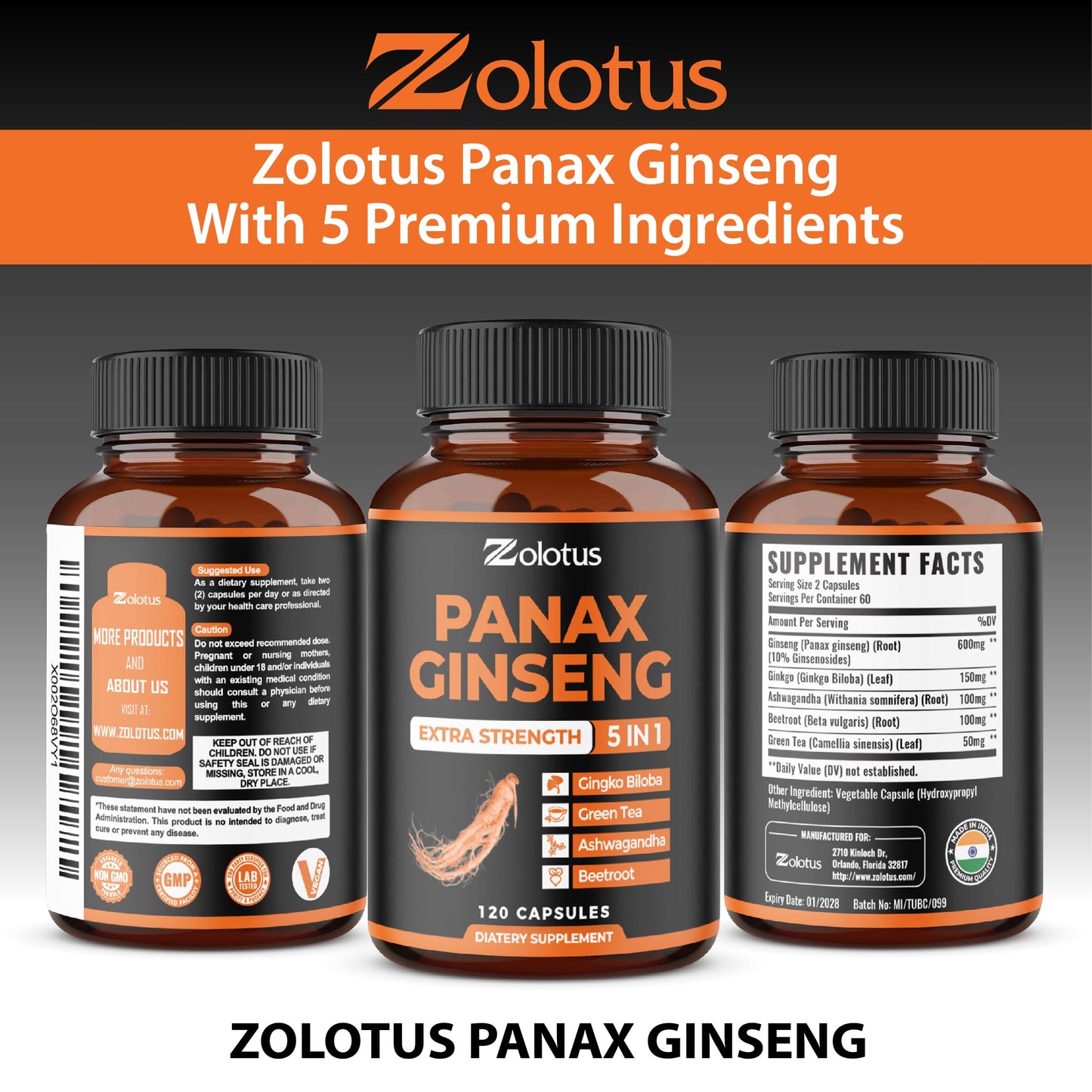 Zolotus Panax Ginseng + Ginkgo Biloba โ 120 Capsules (2-Month Supply)