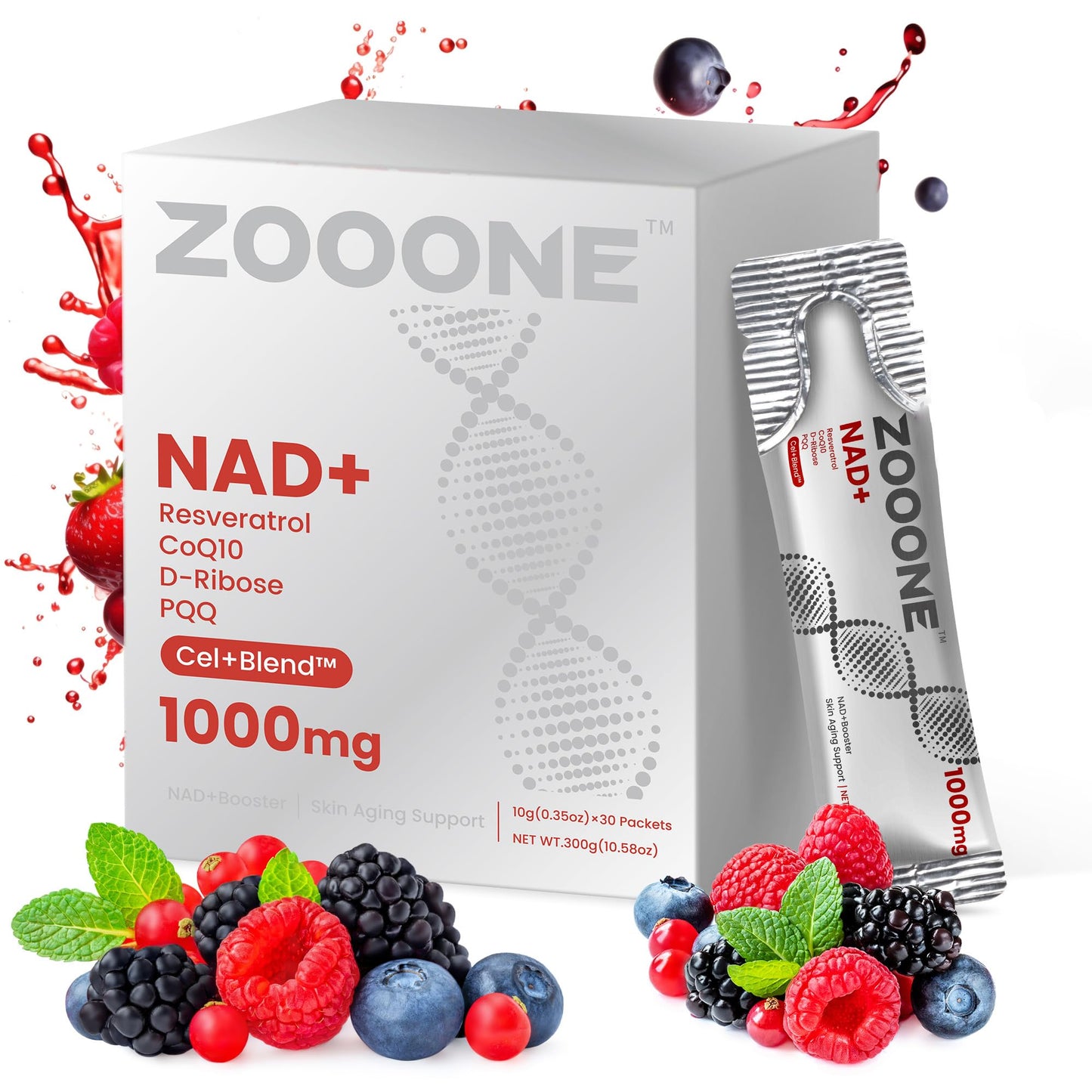 Zooone NAD+ 1000mg Liquid Packets β Premium Nicotinamide Riboside & Resveratrol for Cellular Energy (30-Pack)