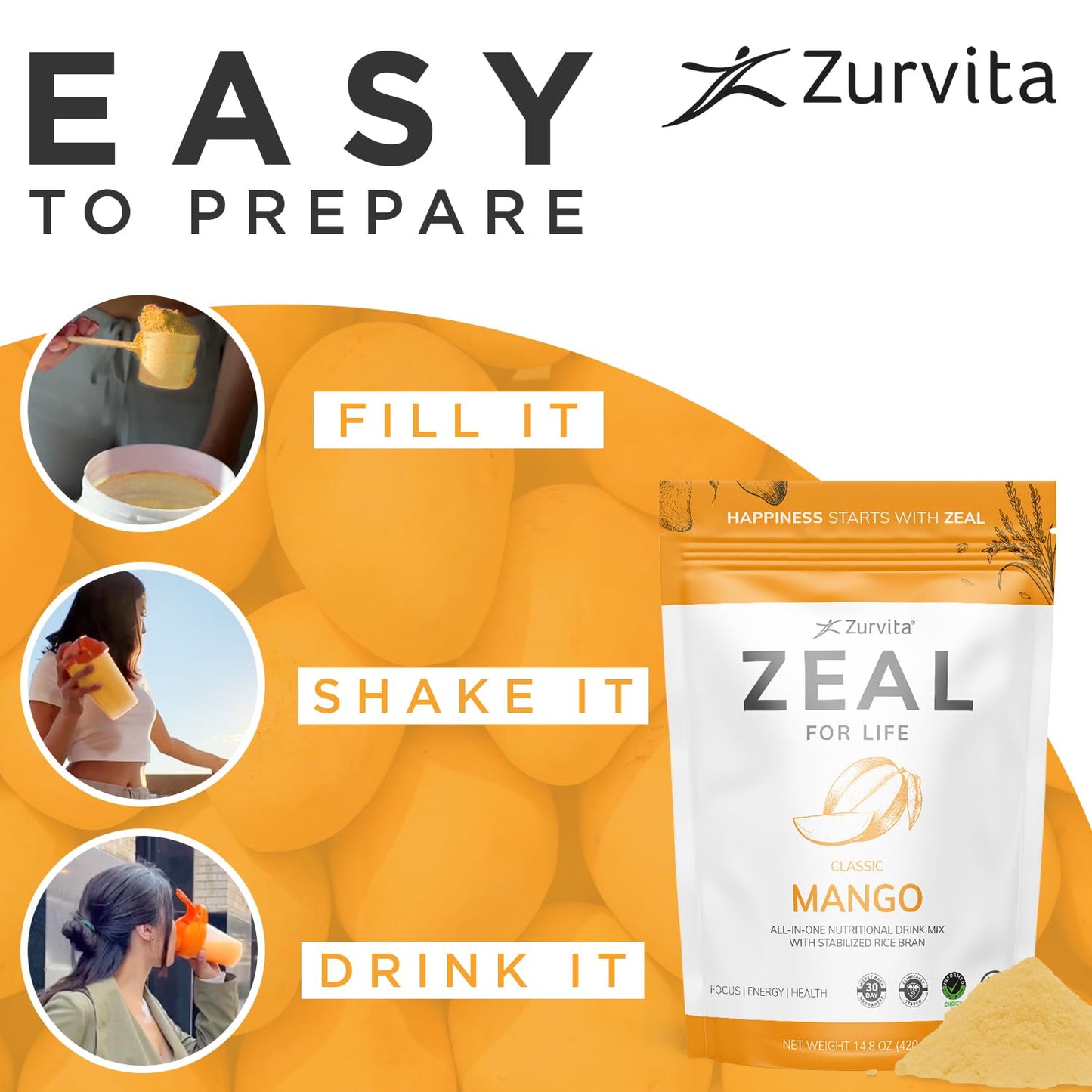 Zurvita Zeal for Life Wellness Drink Mix β Mango Flavor, Gluten-Free & Vegan (30 Servings, 420g)