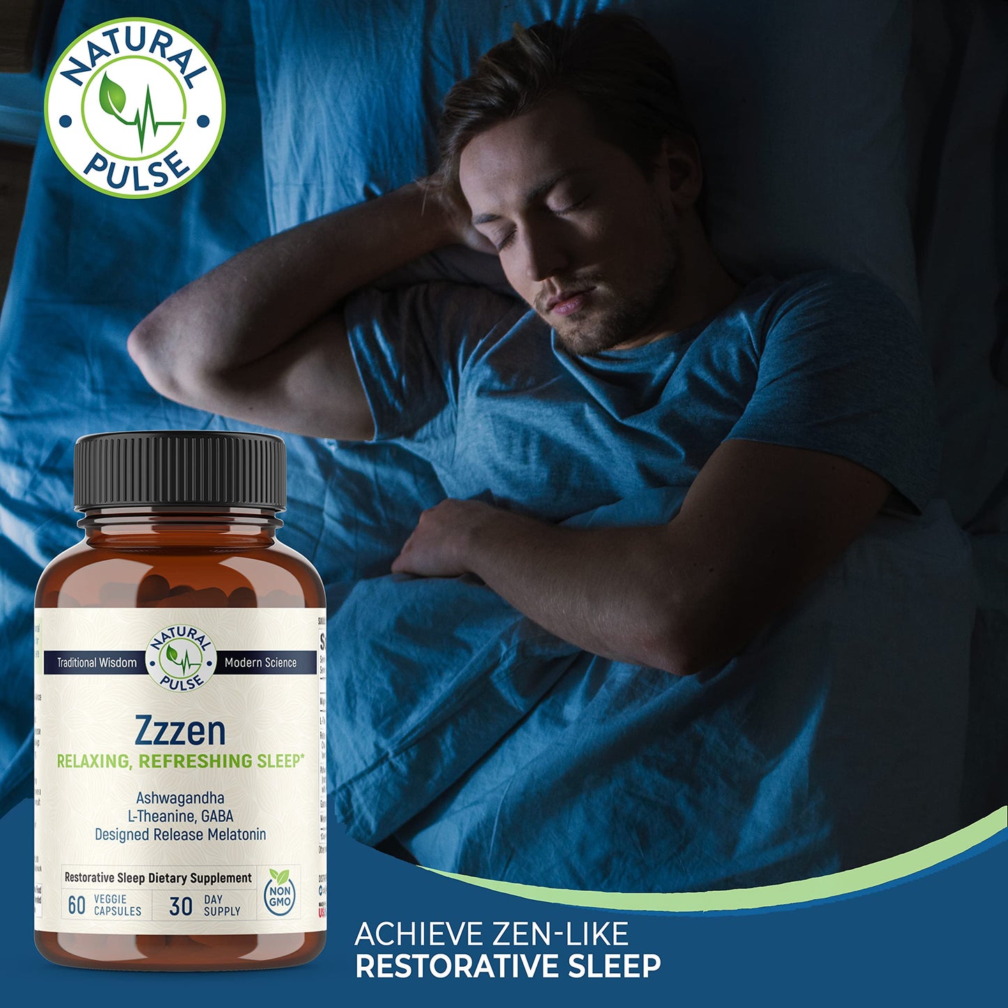 Natural Pulse Zzzen Sleep Aid for Adults โ L-Theanine, Ashwagandha, GABA, Melatonin | 60 Caps | Non-GMO