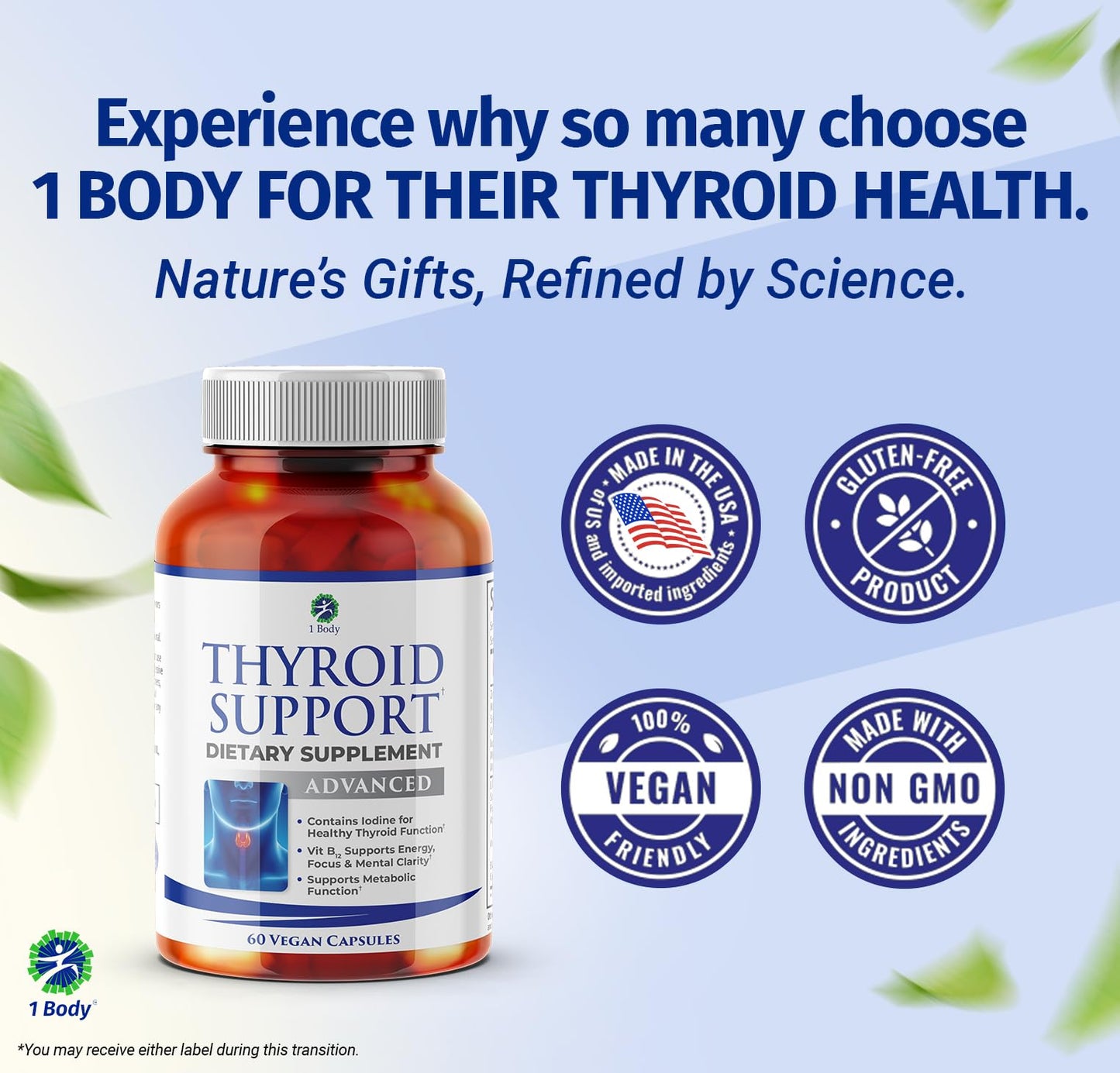 1 Body Thyroid Support Supplement – 90-Day, 3 Pack (Non-GMO Vegetarian)