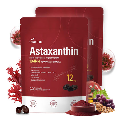 VivoNu 10 in 1 Astaxanthin Supplement – 12 mg from Haematococcus Pluvialis, 8-Month Supply (2 Bags)