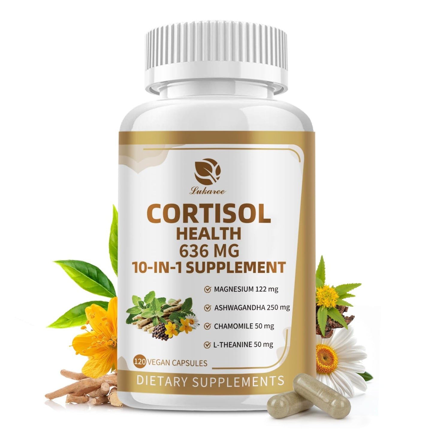 10-in-1 Cortisol Support Supplement – Vegan 120 Capsules | Ashwagandha, L-Theanine, Magnesium