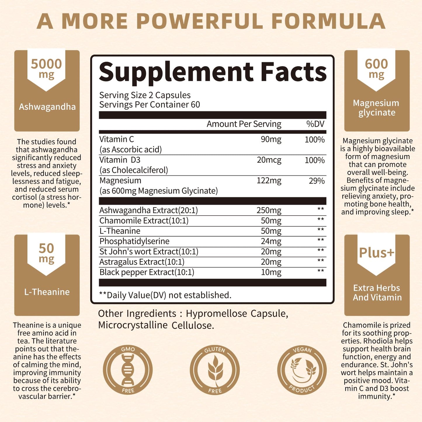 10-in-1 Cortisol Support Supplement – Vegan 120 Capsules | Ashwagandha, L-Theanine, Magnesium
