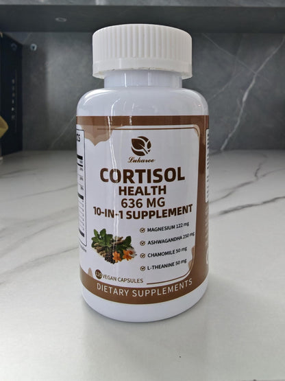 10-in-1 Cortisol Support Supplement – Vegan 120 Capsules | Ashwagandha, L-Theanine, Magnesium