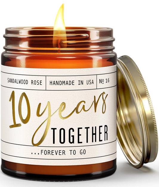 10 Year Anniversary Gift for Wife - Soy Candle, Sandalwood Rose | 50Hr Burn, USA Made