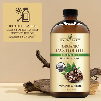 Handcraft Blends Cold-Pressed Organic Castor Oil 16 Fl Oz | Glass Bottle | 100% Pure & Natural | Premium Grade Carrier Oil | Hair, Eyelashes and Eyebrows | Hair and Body