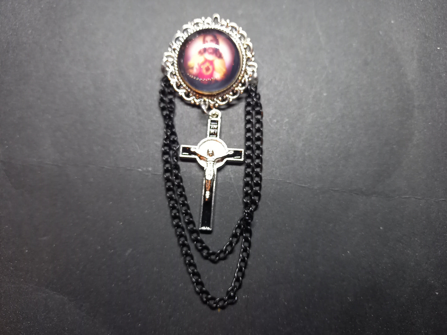 Oddity curiosity goth gothic Catholic Catholicism religious "sacred heart" pin badge brooch with black chains and crucifix