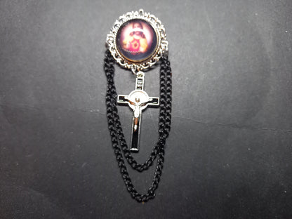 Oddity curiosity goth gothic Catholic Catholicism religious "sacred heart" pin badge brooch with black chains and crucifix