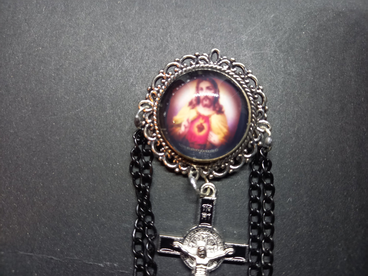 Oddity curiosity goth gothic Catholic Catholicism religious "sacred heart" pin badge brooch with black chains and crucifix