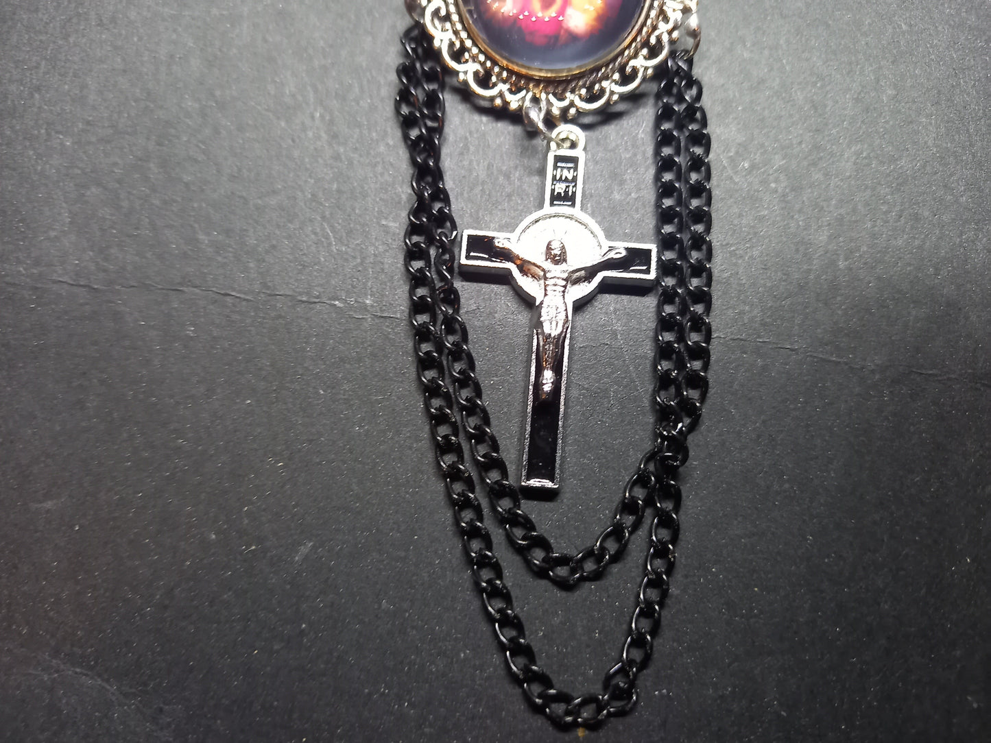 Oddity curiosity goth gothic Catholic Catholicism religious "sacred heart" pin badge brooch with black chains and crucifix