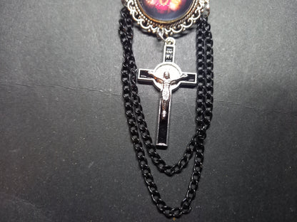 Oddity curiosity goth gothic Catholic Catholicism religious "sacred heart" pin badge brooch with black chains and crucifix