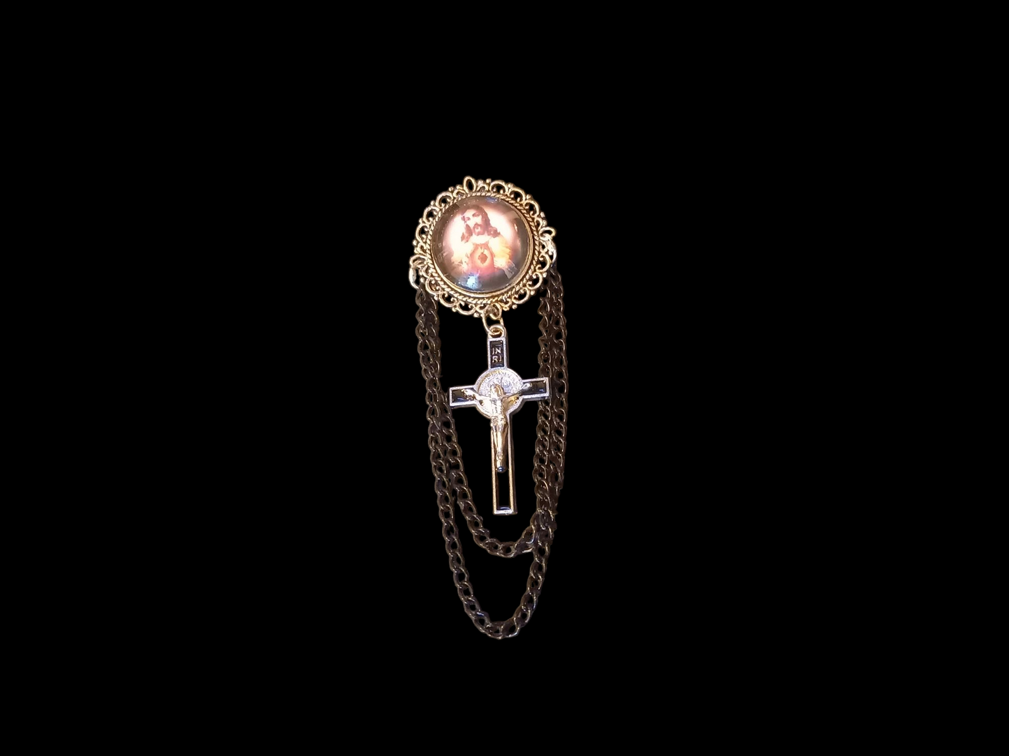 Oddity curiosity goth gothic Catholic Catholicism religious "sacred heart" pin badge brooch with black chains and crucifix