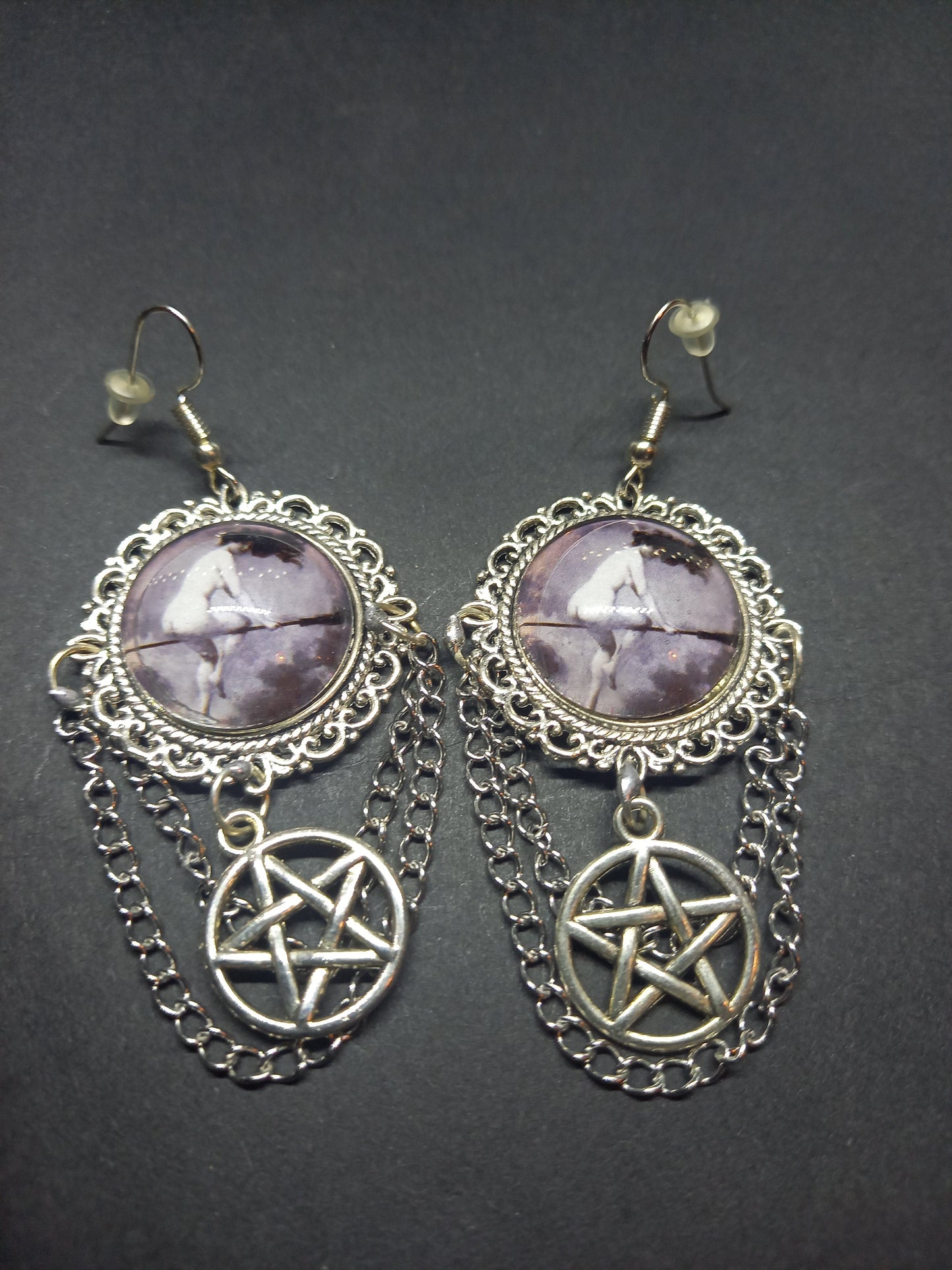 Goth Gothic Witchy Witch Witchcraft Pagan Goddess occult "Witch flying on broomstick" with pentagram deluxe Earrings