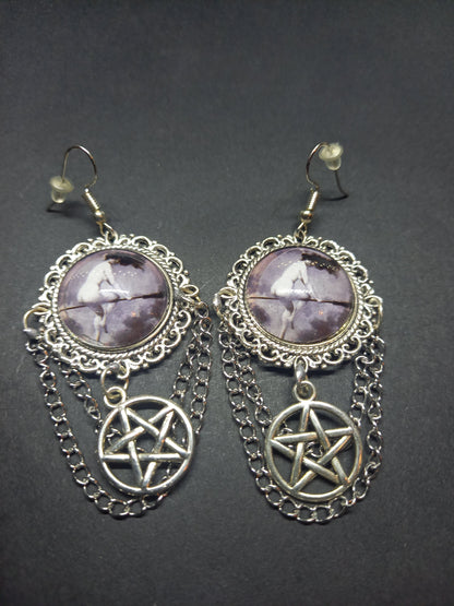 Goth Gothic Witchy Witch Witchcraft Pagan Goddess occult "Witch flying on broomstick" with pentagram deluxe Earrings