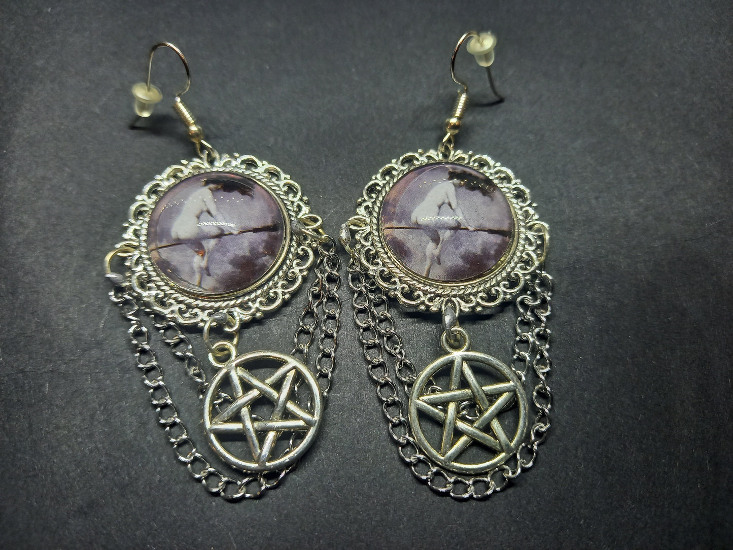 Goth Gothic Witchy Witch Witchcraft Pagan Goddess occult "Witch flying on broomstick" with pentagram deluxe Earrings