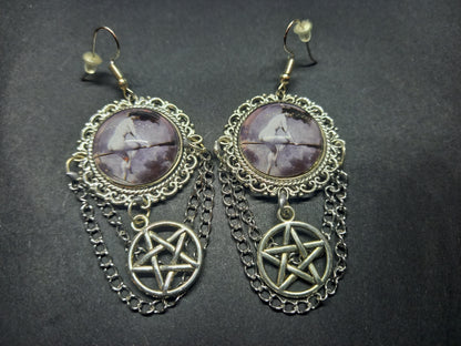 Goth Gothic Witchy Witch Witchcraft Pagan Goddess occult "Witch flying on broomstick" with pentagram deluxe Earrings