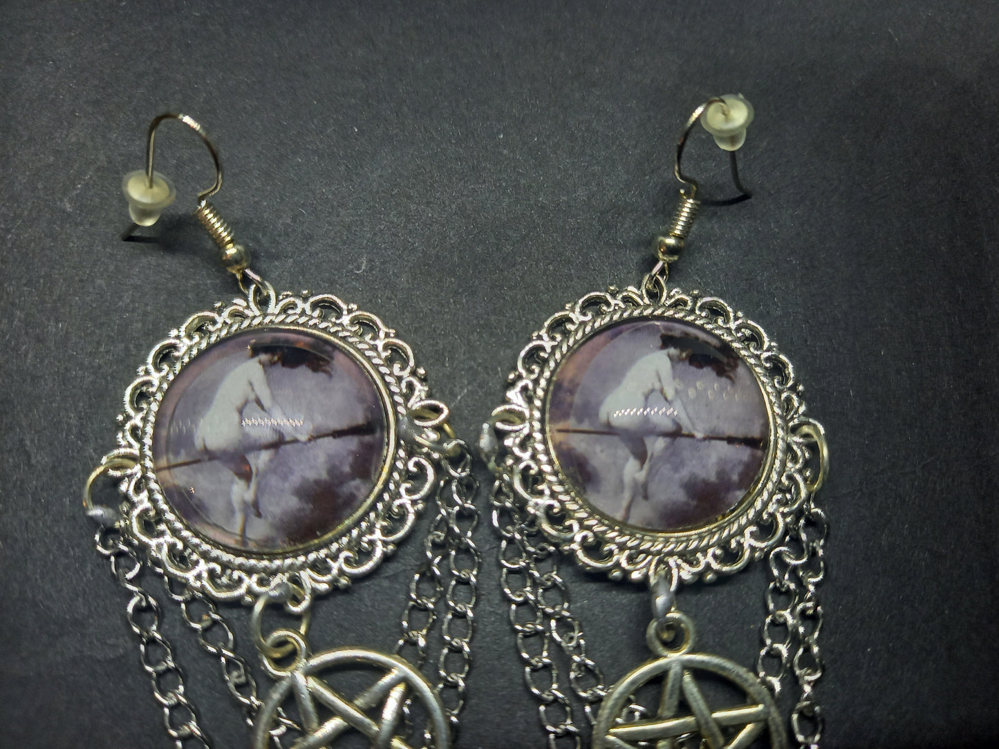 Goth Gothic Witchy Witch Witchcraft Pagan Goddess occult "Witch flying on broomstick" with pentagram deluxe Earrings