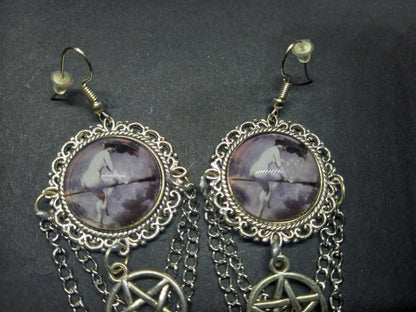 Goth Gothic Witchy Witch Witchcraft Pagan Goddess occult "Witch flying on broomstick" with pentagram deluxe Earrings