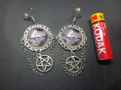 Goth Gothic Witchy Witch Witchcraft Pagan Goddess occult "Witch flying on broomstick" with pentagram deluxe Earrings