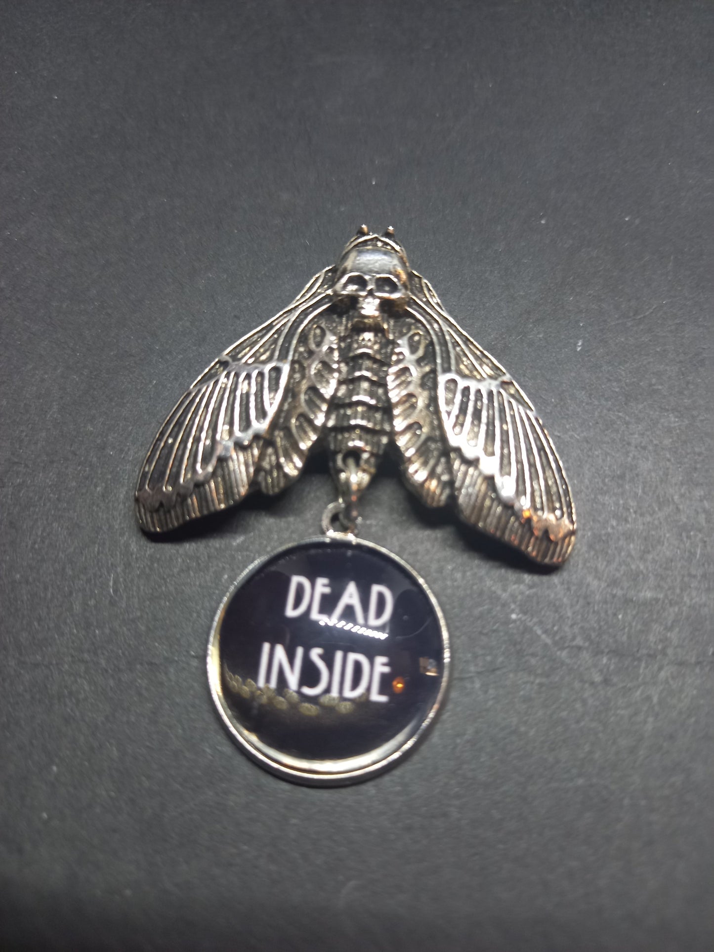 Goth Gothic Witchy Occultist Satanic Pagan "Death head moth" detail metal pin badge/brooch V2with "Dead inside" detail