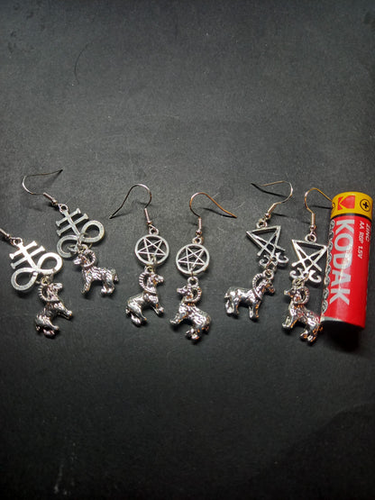 Goth Gothic witchy Witchcraft Occult Satanic "Cross of Satan,Goat of Mendes or Inverted pentagram earrings with goat charms"