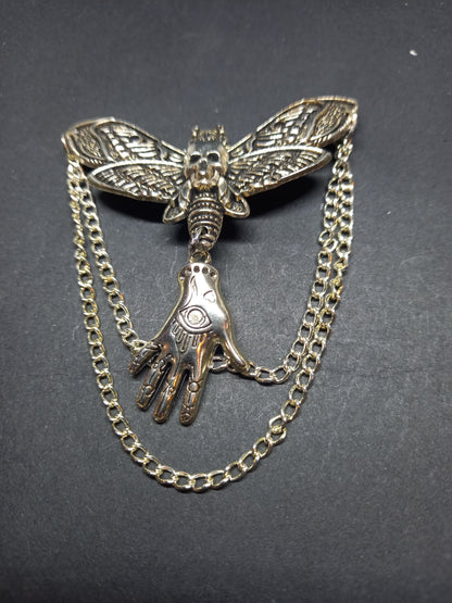 Goth Gothic Witchy Killstar occult pagan oddity curiosity  "Death Head Moth Brooch with palmistry hand and chains"