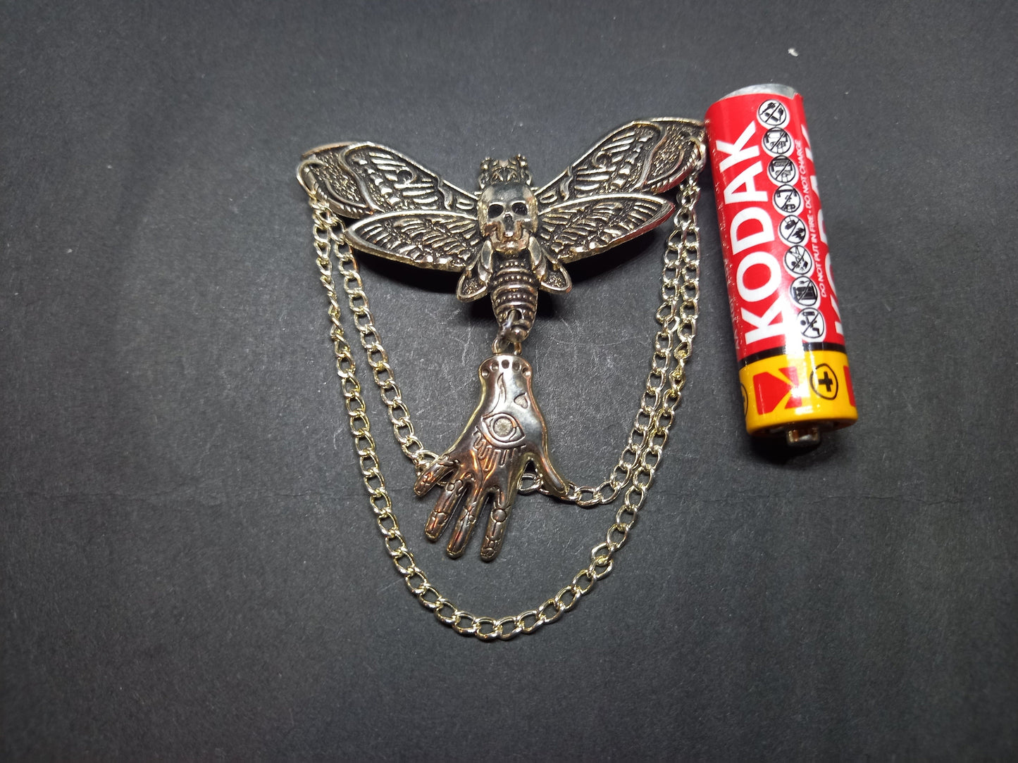 Goth Gothic Witchy Killstar occult pagan oddity curiosity  "Death Head Moth Brooch with palmistry hand and chains"