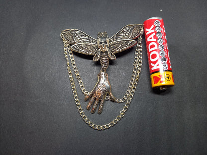Goth Gothic Witchy Killstar occult pagan oddity curiosity  "Death Head Moth Brooch with palmistry hand and chains"