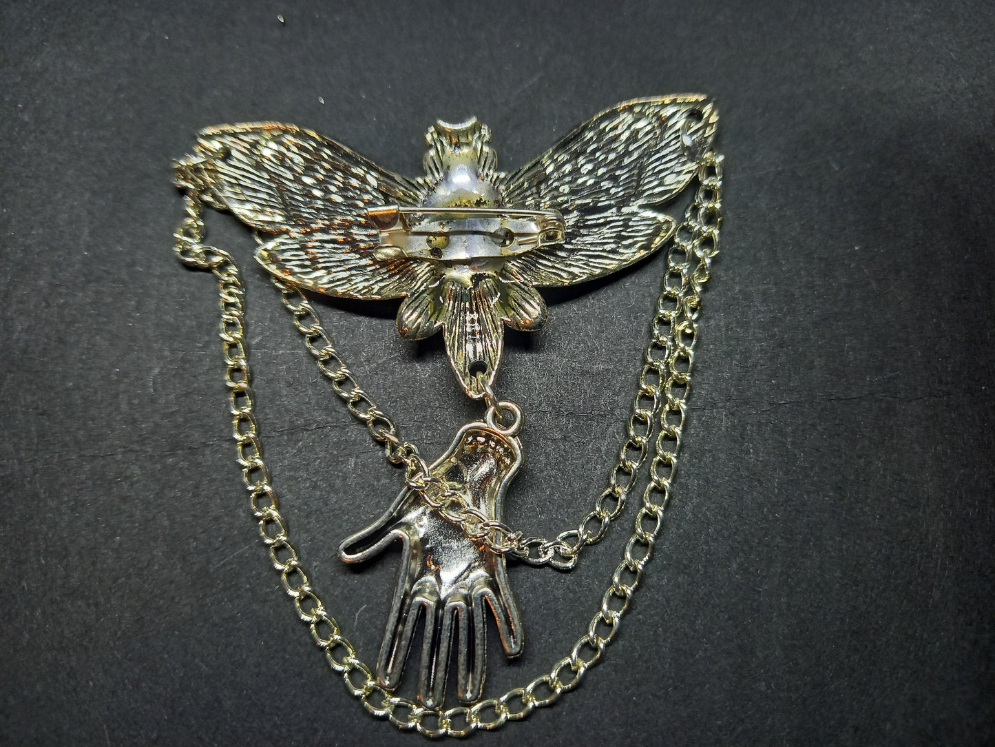 Goth Gothic Witchy Killstar occult pagan oddity curiosity  "Death Head Moth Brooch with palmistry hand and chains"