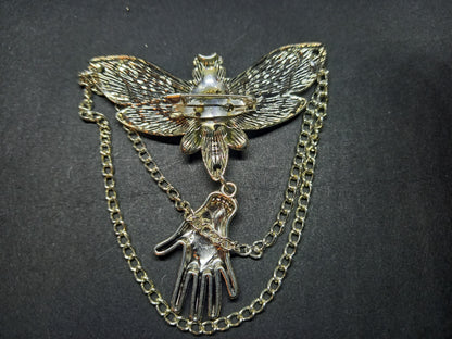 Goth Gothic Witchy Killstar occult pagan oddity curiosity  "Death Head Moth Brooch with palmistry hand and chains"
