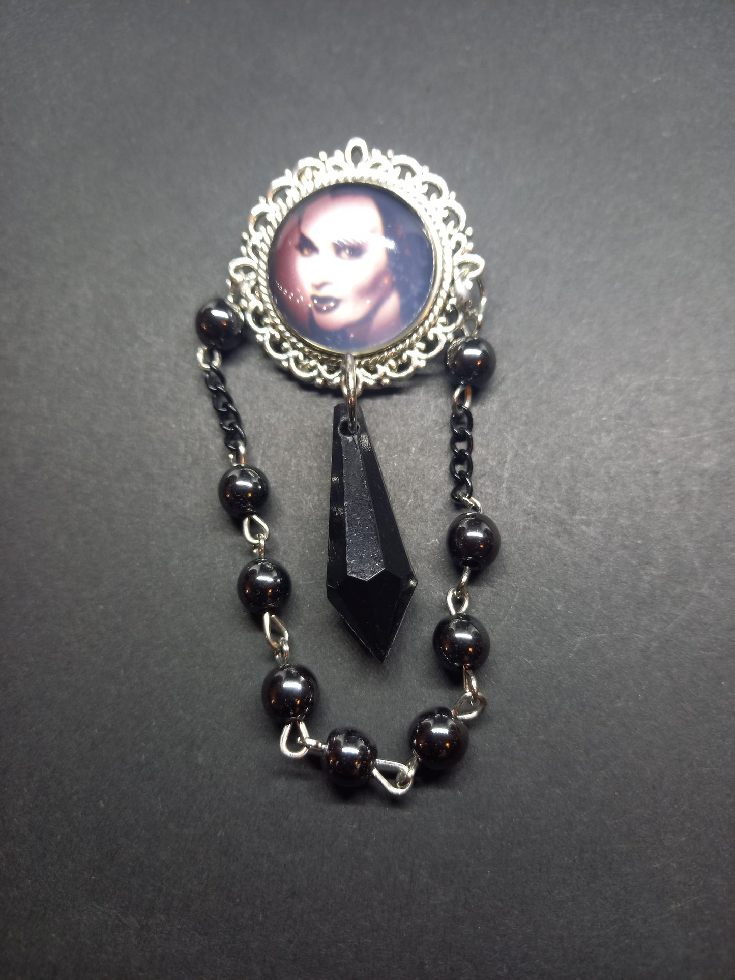 Goth Gothic Witchy Psychobilly Alternative horror inspired "Gothic bride" ornate brooch/pin broach with black crystal and rosary chain