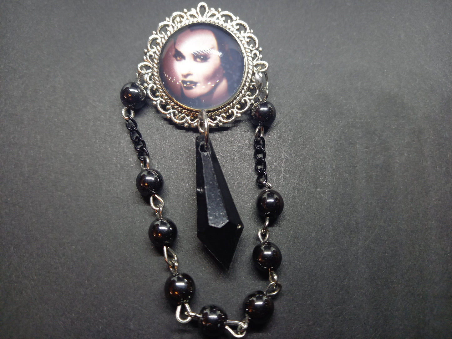 Goth Gothic Witchy Psychobilly Alternative horror inspired "Gothic bride" ornate brooch/pin broach with black crystal and rosary chain