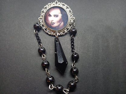 Goth Gothic Witchy Psychobilly Alternative horror inspired "Gothic bride" ornate brooch/pin broach with black crystal and rosary chain