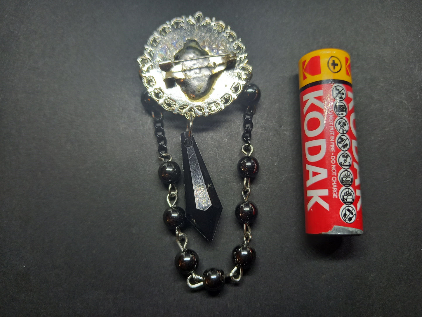 Goth Gothic Witchy Psychobilly Alternative horror inspired "Gothic bride" ornate brooch/pin broach with black crystal and rosary chain