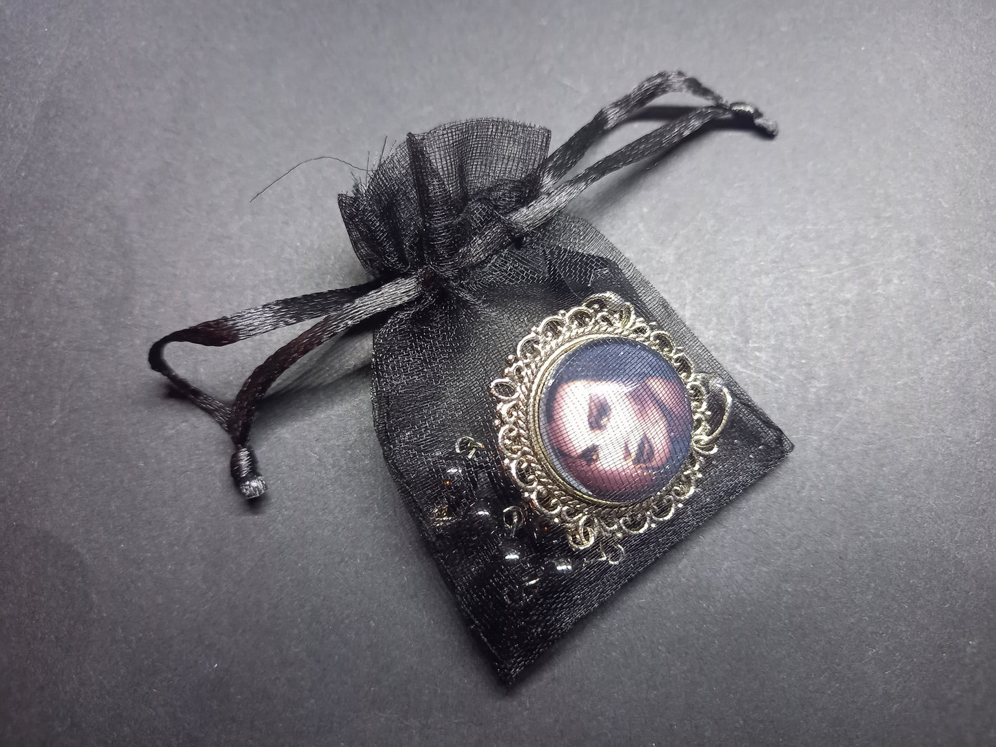 Goth Gothic Witchy Psychobilly Alternative horror inspired "Gothic bride" ornate brooch/pin broach with black crystal and rosary chain