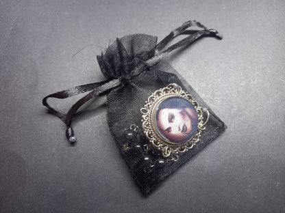 Goth Gothic Witchy Psychobilly Alternative horror inspired "Gothic bride" ornate brooch/pin broach with black crystal and rosary chain